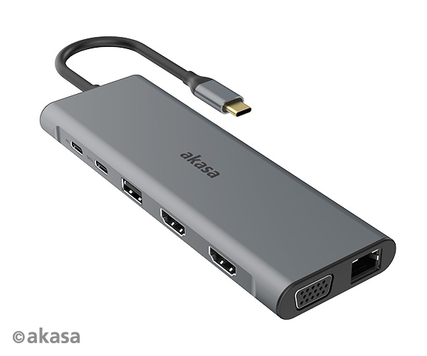 AKASA Dokovací stanice USB-C 14v1, USB-C (power+data), USB 2.0, 2xHDMI, VGA, RJ45, USB 3.2, čtečka karet, 3,5mm jack