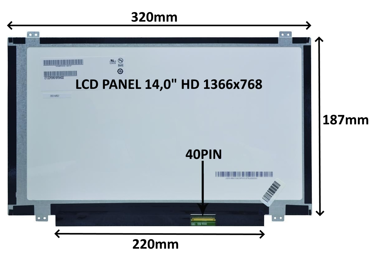 LCD PANEL 14,0" HD 1366x768 40PIN MATNÝ / ÚCHYTY NAHOŘE A DOLE