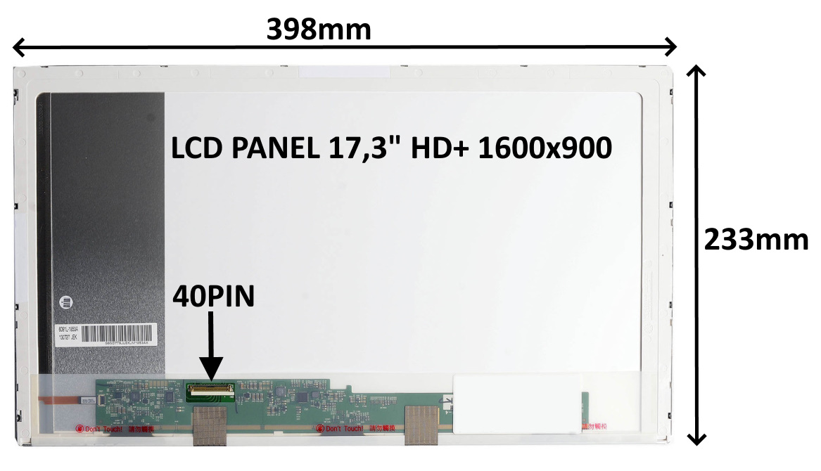LCD PANEL 17,3" HD+ 1600x900 40PIN LESKLÝ / ŠROUBOVÁNÍ Z BOKŮ