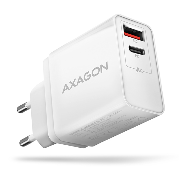 AXAGON ACU-PQ22W, PD &amp; QC nabíječka do sítě 22W, 2x port (USB-A + USB-C), PD3.0/QC3.0/AFC/FCP/Apple,