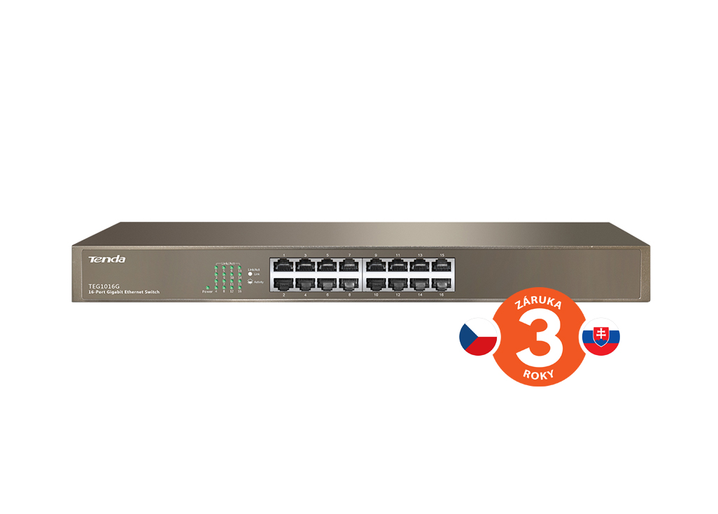 Tenda TEG1016G 16-port Gigabit Switch, 16x 10/100/1000 Mb/s, Fanless, MAC 8K, i na zeď, Rackmount