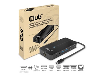 Club3D hub USB-C, 7-in-1 hub s 2x HDMI, 2x USB Gen1 Type-A, 1x RJ45, 1x 3.5mm audio, 1x USB Gen1 Type-C, 100W PD