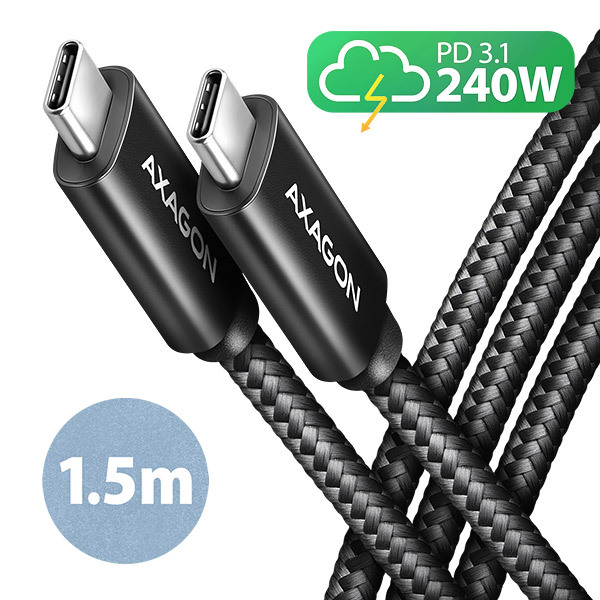 AXAGON BUCM2-CM15AB, CHARGE kabel USB-C  USB-C, 1.5m, Hi-Speed USB, PD 240W 5A, ALU, oplet, černý