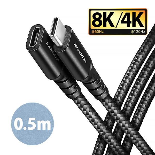 AXAGON BUCM32-CF05AB prodlužovací kabel USB-C (M)  USB-C (F), 0.5m, USB 20Gbps, PD 240W 5A, 8K HD, ALU, oplet, černý