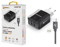 ALIGATOR chytrá síťová nabíječka 3.4 A, 2x USB, smart IC, kabel USB-C 2A, černá