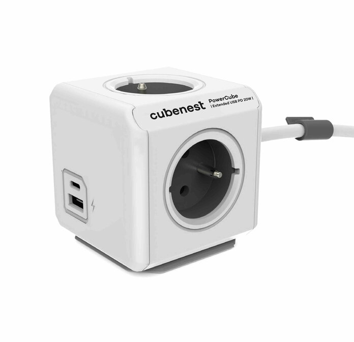 Cubenest PowerCube Extended USB A+C PD 20 W, 1,5m, White-Red, (3 rozbočka, 1x USB, 1x USB-C)