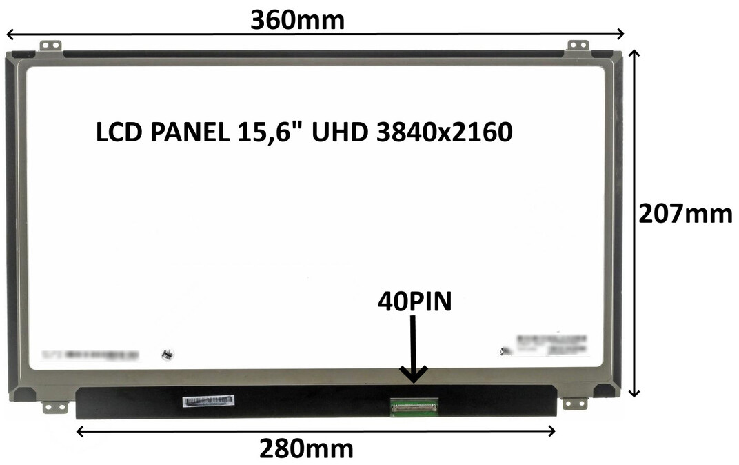 LCD PANEL 15,6" UHD 3840x2160 40PIN MATNÝ IPS / ÚCHYTY NAHOŘE A DOLE