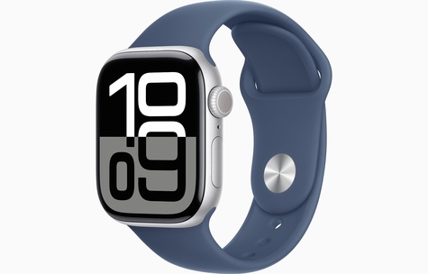 APPLE WATCH 10 - 46mm - Stříbrný hliník s denimovým sportovním řemínkem M/L Cellular