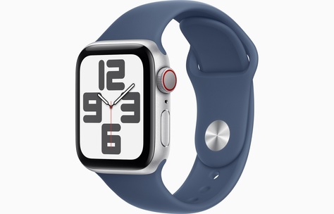 APPLE WATCH SE (2024) - 44mm - Stříbrný hliník s denimovým sportovním řemínkem S/M Cellular